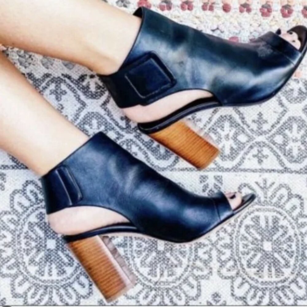 Vince Faye Leather Peep Toe Block Heel Bootie in black leather with a wood heel